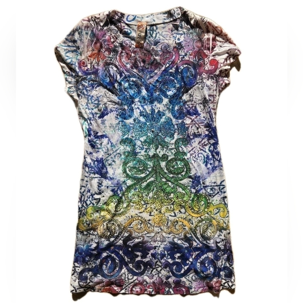 S-Twelve Vintage Y2K Short Sleeve V-neck Long Tee Rhinestones Size L New